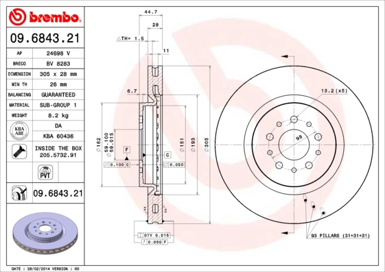 BREMBO 09.6843.21 - Тормозной диск PRIME LINE - UV Coated