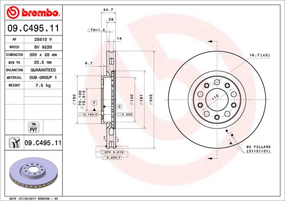BREMBO 09.C495.11 - Тормозной диск PRIME LINE - UV Coated
