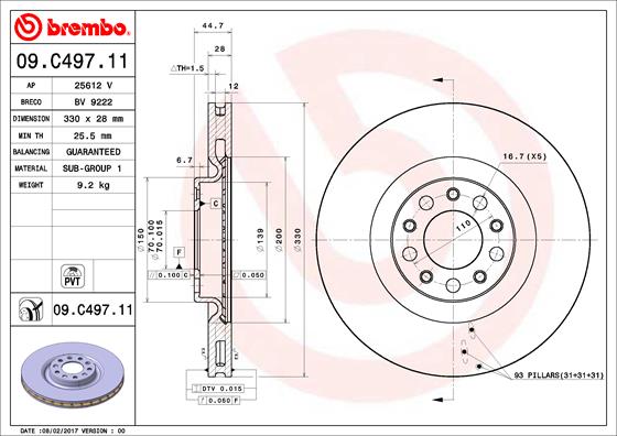 BREMBO 09.C497.11 - Тормозной диск PRIME LINE - UV Coated