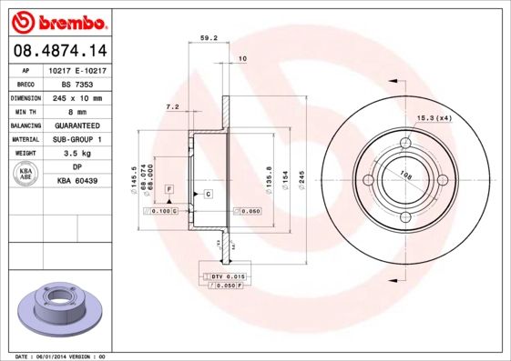 BREMBO 08.4874.14 - Тормозной диск PRIME LINE