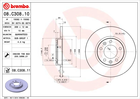 BREMBO 08.C308.10 - Тормозные диски