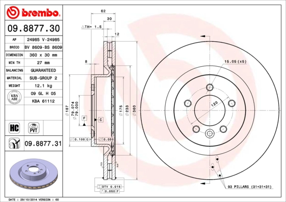 BREMBO 09.8877.31 - Тормозные диски