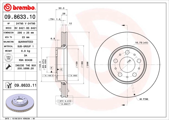 BREMBO 09.8633.10 - Тормозные диски
