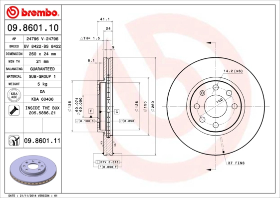 BREMBO 09.8601.10 - Тормозные диски