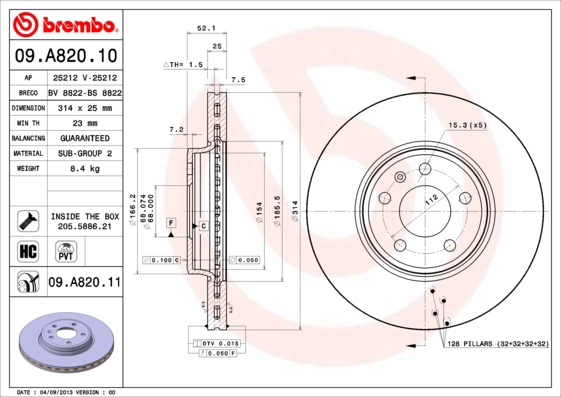 BREMBO 09.A820.11 - Тормозной диск PRIME LINE - UV Coated