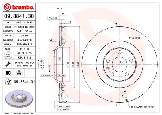 BREMBO 09.8841.31 - Тормозной диск PRIME LINE - UV Coated
