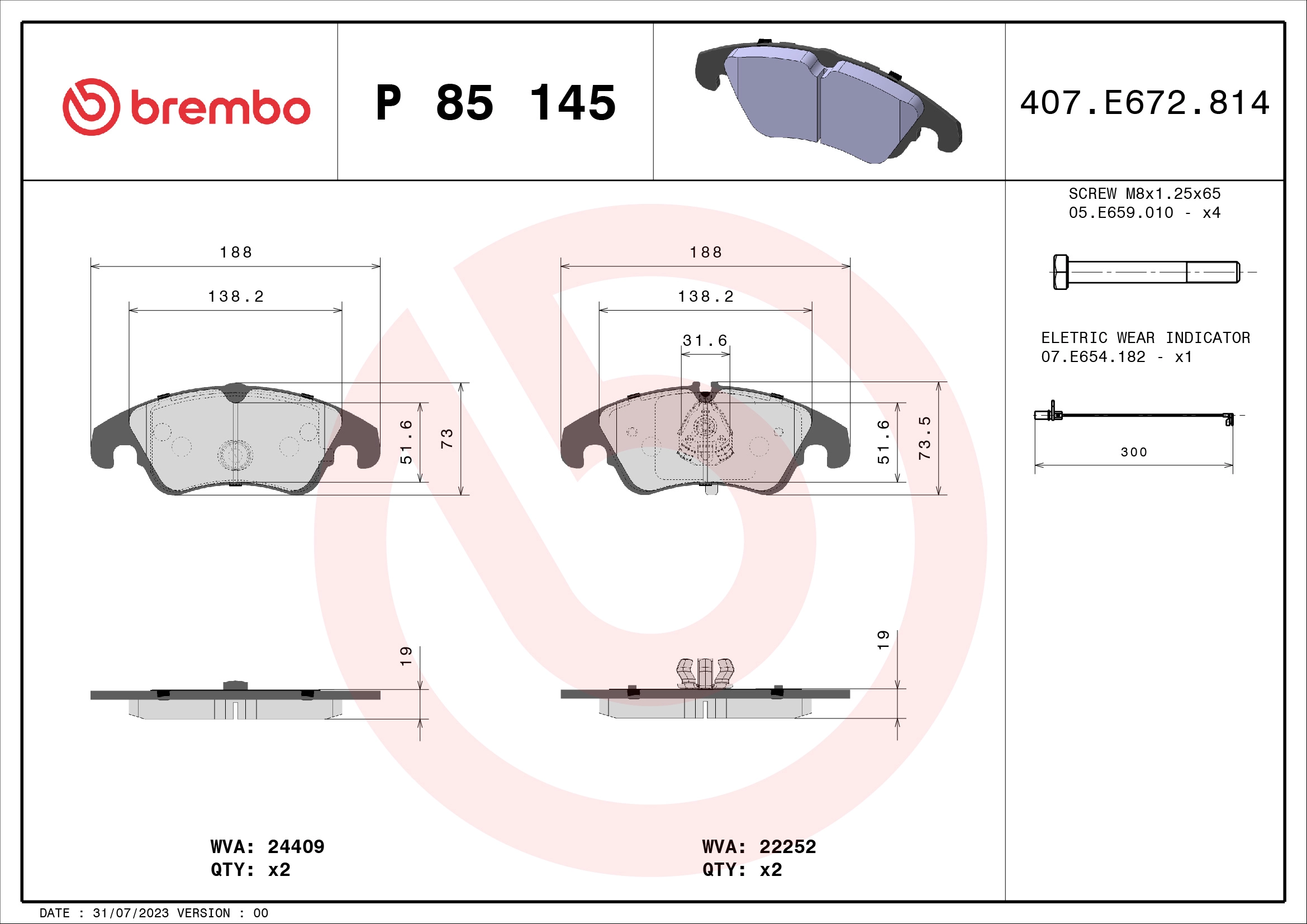 BREMBO P 85 145 - Комплект тормозных колодок, дисковый тормоз PRIME LINE