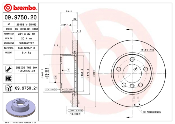 BREMBO 09.9750.21 - Тормозной диск PRIME LINE - UV Coated