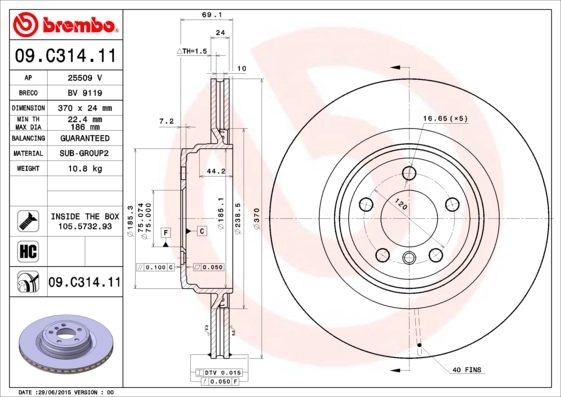 BREMBO 09.C314.11 - Тормозной диск PRIME LINE - UV Coated