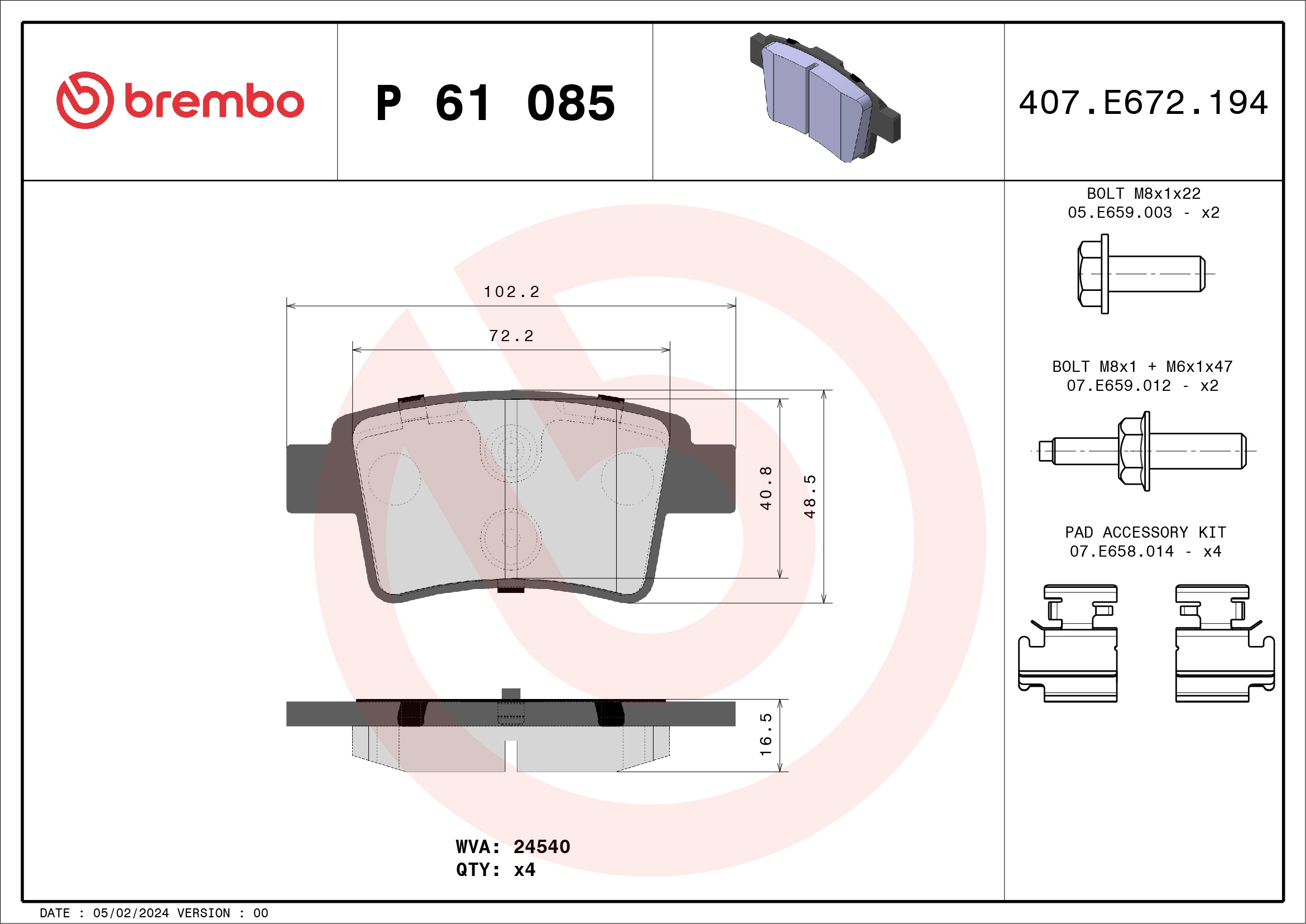 BREMBO P 61 085 - Комплект тормозных колодок, дисковый тормоз PRIME LINE