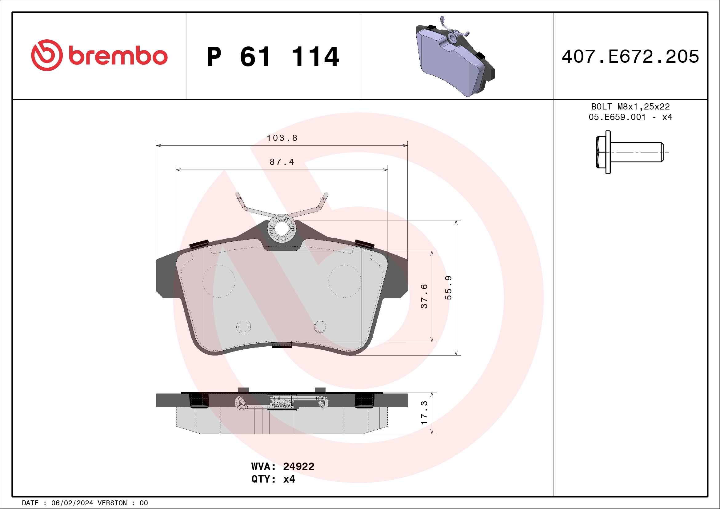 BREMBO P 61 114 - Комплект тормозных колодок, дисковый тормоз PRIME LINE