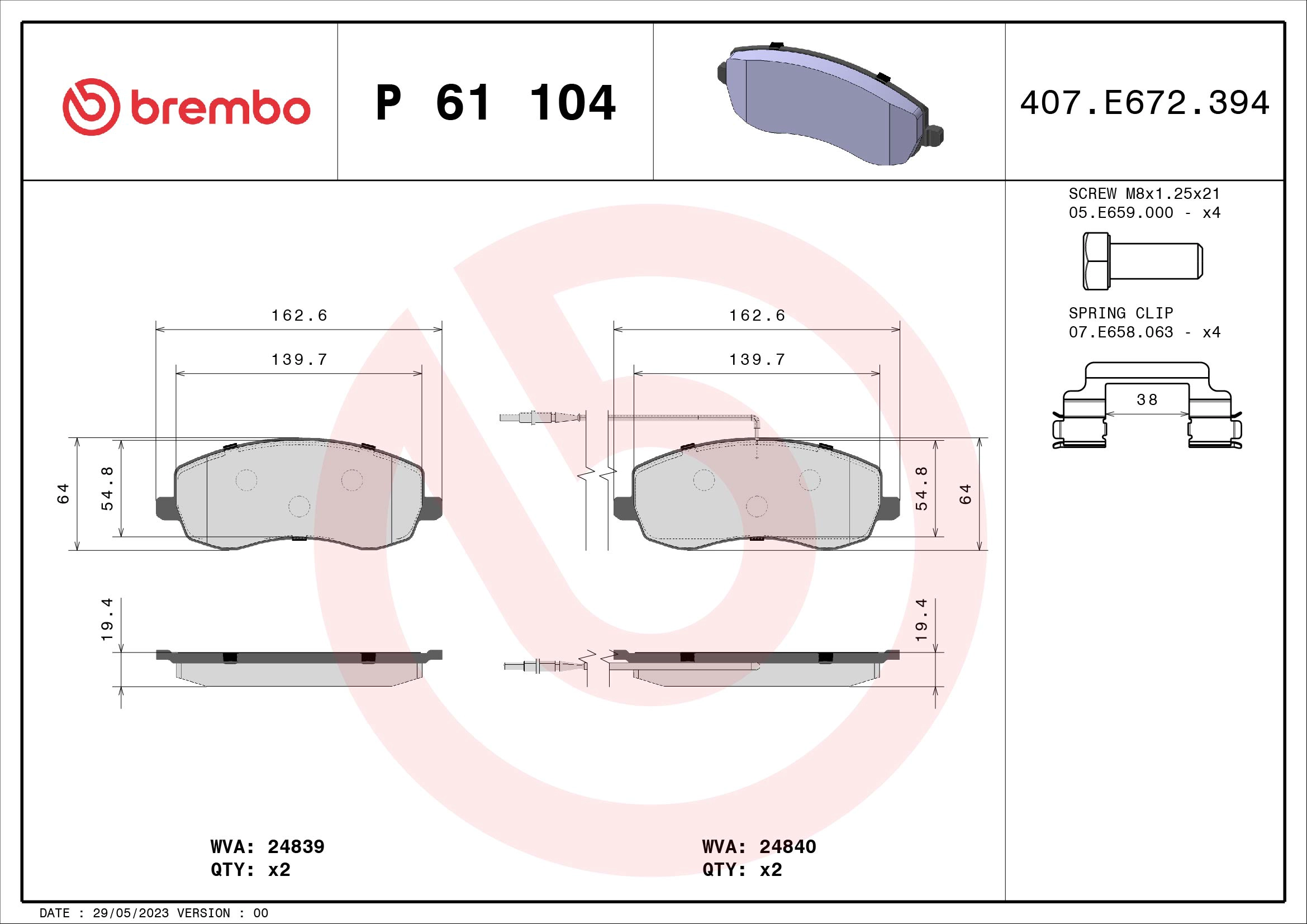 BREMBO P 61 104 - Комплект тормозных колодок, дисковый тормоз PRIME LINE