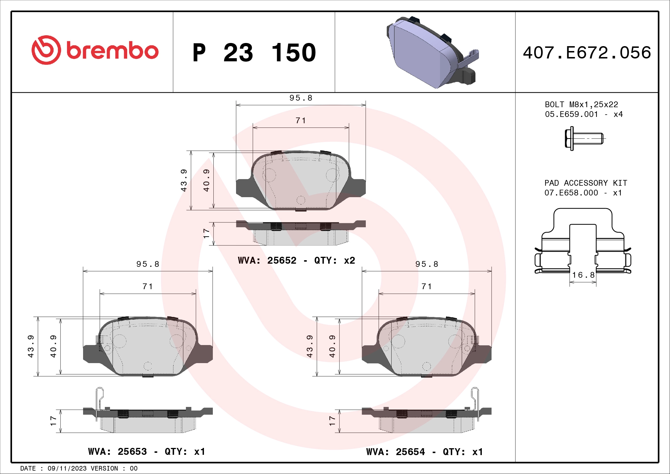 BREMBO P 23 150 - Комплект тормозных колодок, дисковый тормоз PRIME LINE