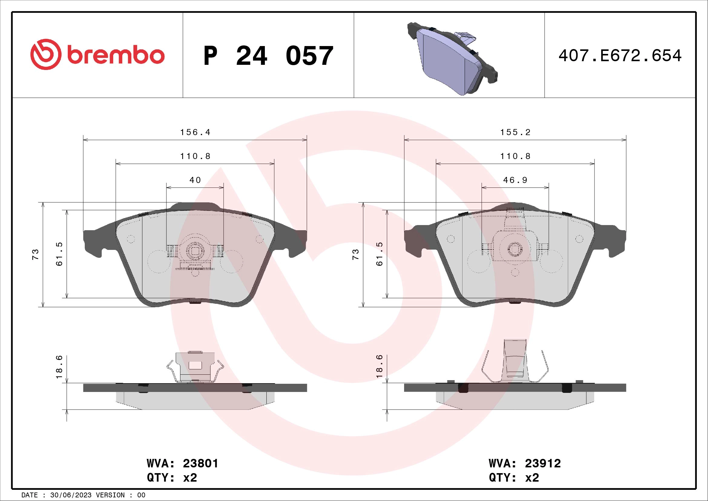 BREMBO P 24 057 - Комплект тормозных колодок, дисковый тормоз PRIME LINE