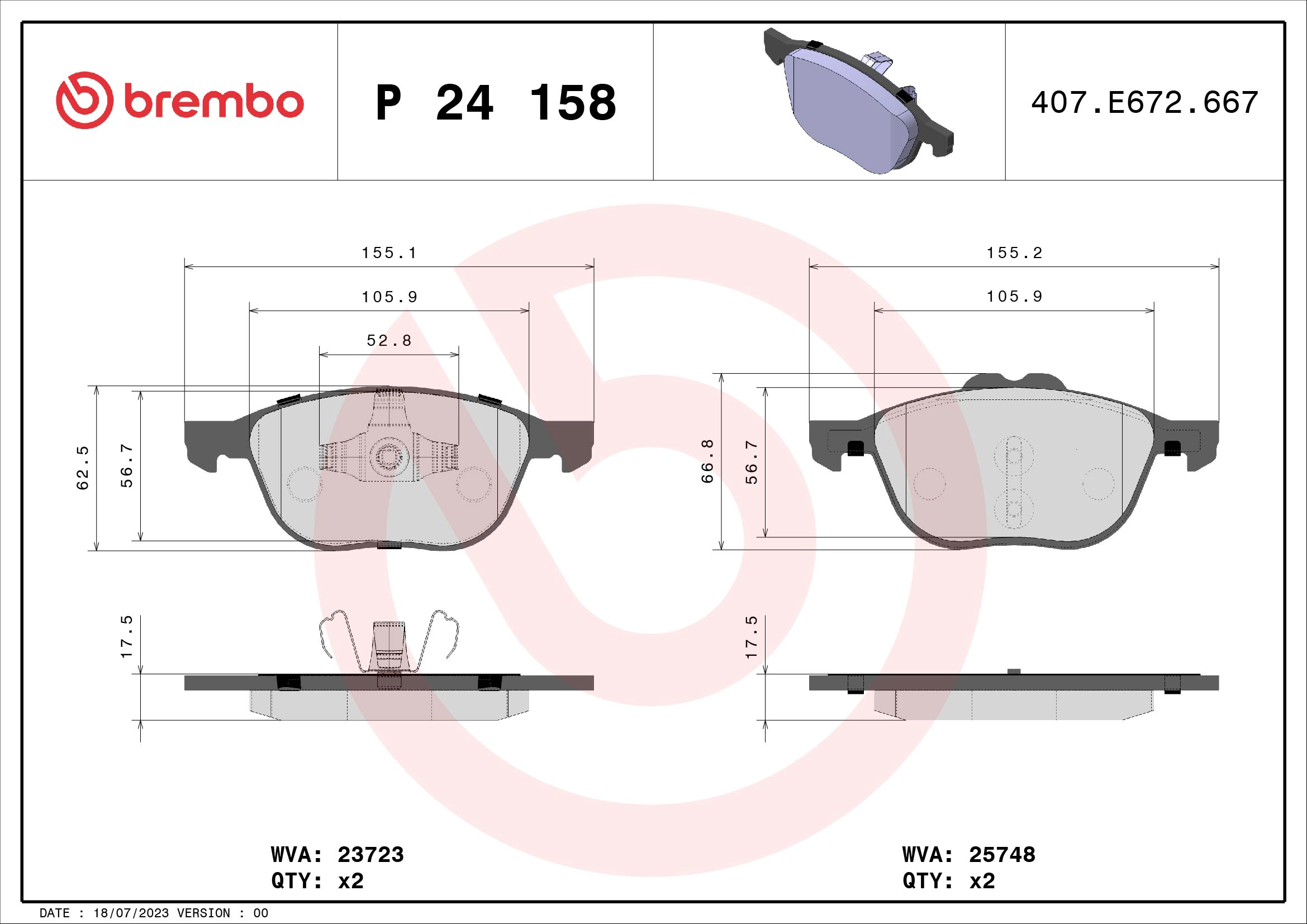 BREMBO P 24 158 - Комплект тормозных колодок, дисковый тормоз PRIME LINE