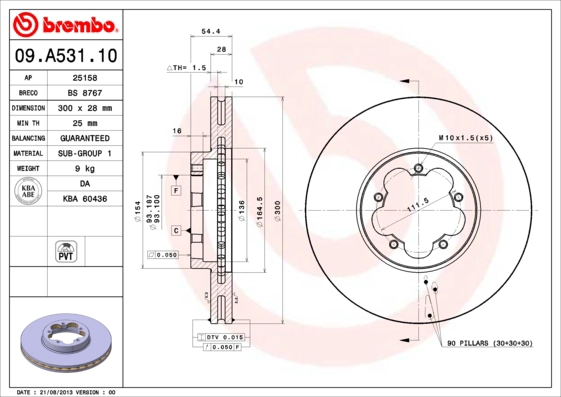 BREMBO 09.A531.10 - Тормозной диск PRIME LINE