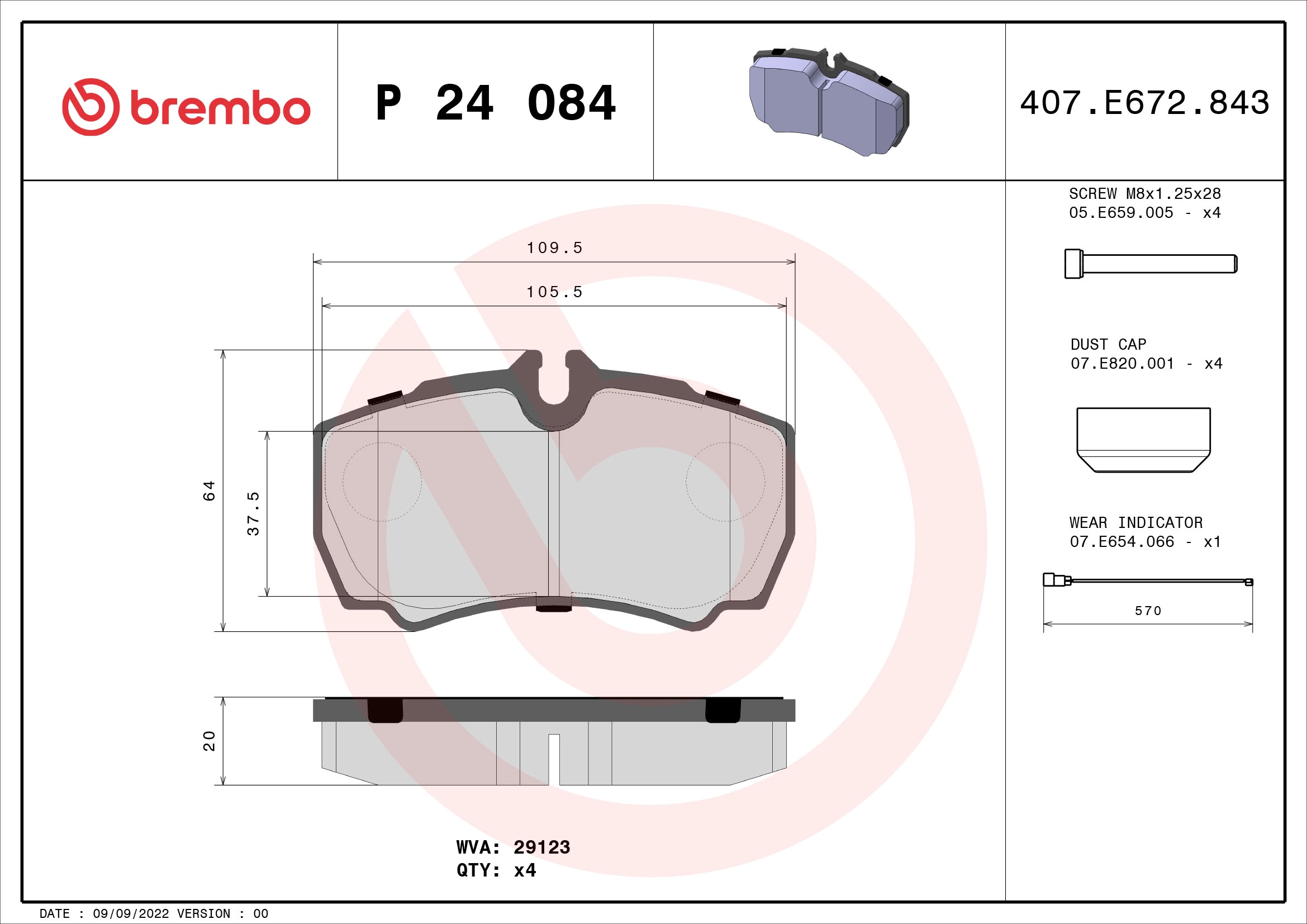 BREMBO P 24 084 - Комплект тормозных колодок, дисковый тормоз PRIME LINE