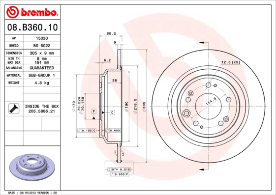 BREMBO 08.B360.10 - Тормозной диск PRIME LINE