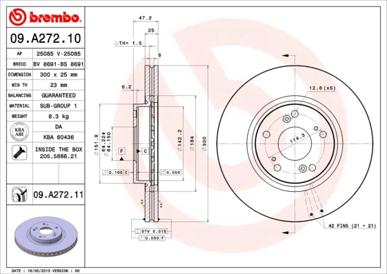 BREMBO 09.A272.11 - Тормозной диск PRIME LINE - UV Coated