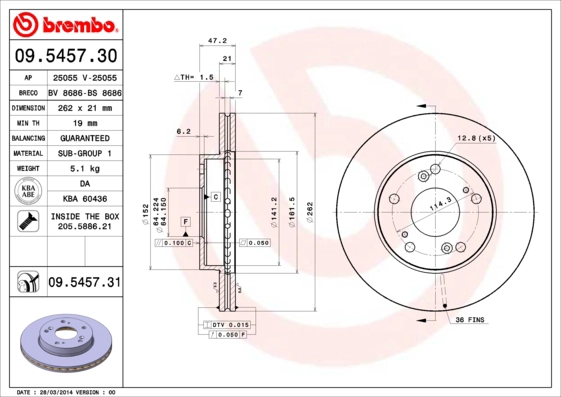 BREMBO 09.5457.31 - Тормозной диск PRIME LINE - UV Coated