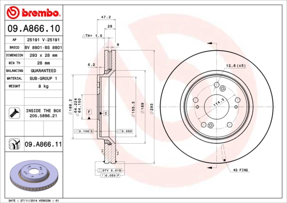BREMBO 09.A866.10 - Тормозной диск PRIME LINE
