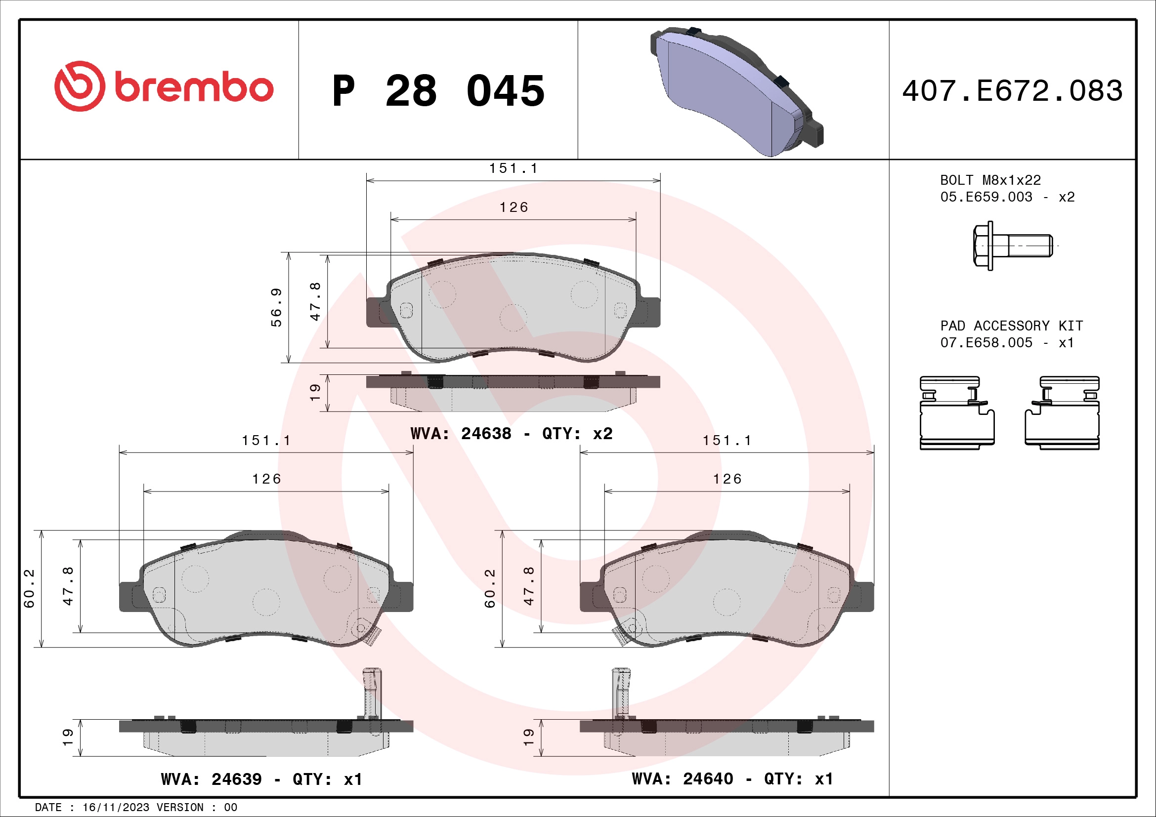 BREMBO P 28 045 - Комплект тормозных колодок, дисковый тормоз PRIME LINE