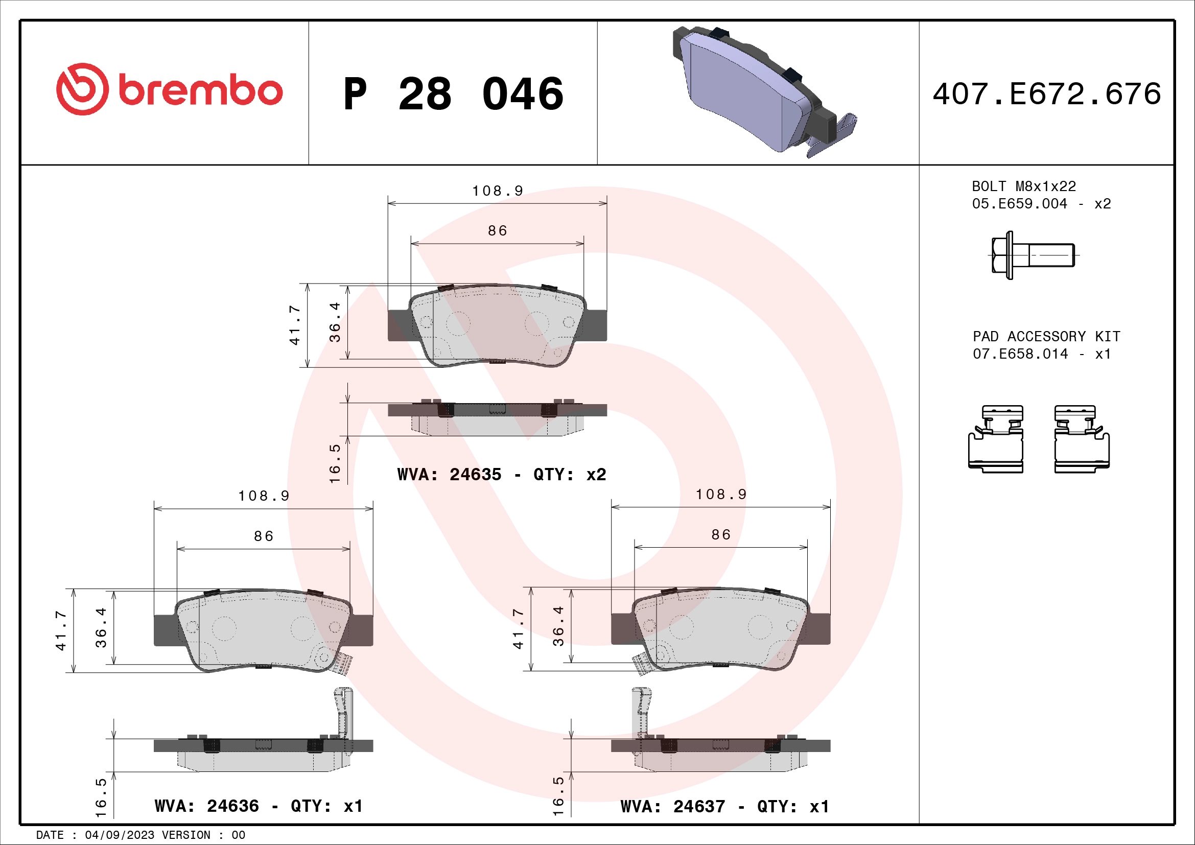 BREMBO P 28 046 - Комплект тормозных колодок, дисковый тормоз PRIME LINE