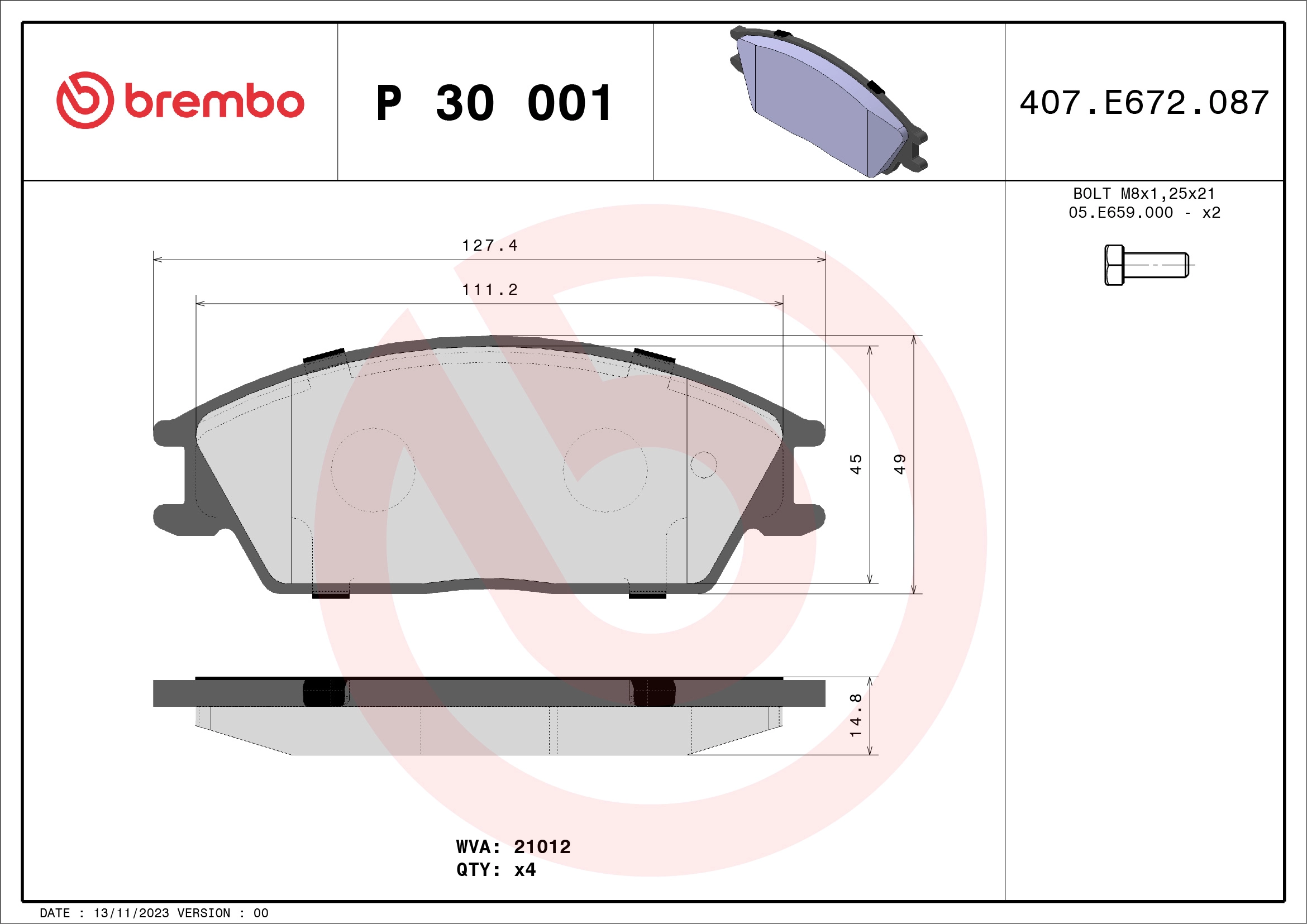 BREMBO P 30 001 - Комплект тормозных колодок, дисковый тормоз PRIME LINE
