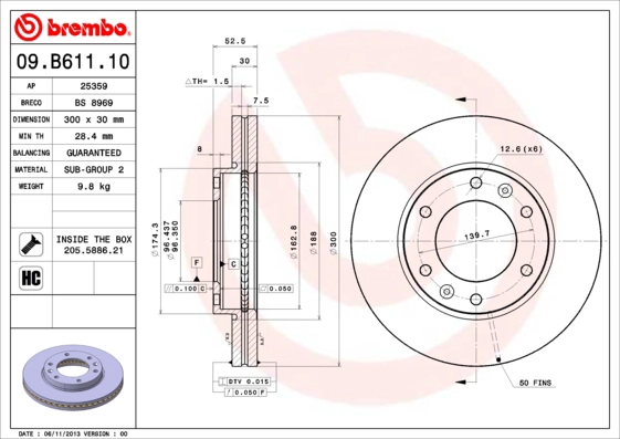 BREMBO 09.B611.10 - Тормозной диск PRIME LINE