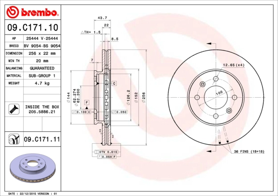 BREMBO 09.C171.11 - Тормозной диск PRIME LINE - UV Coated