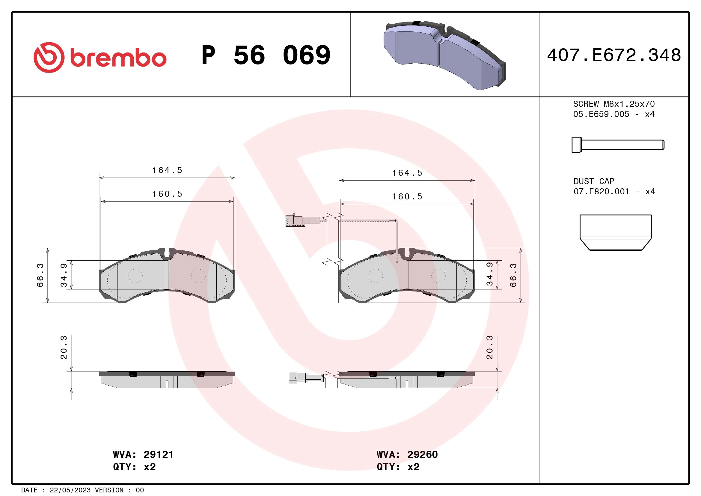 BREMBO P 56 069 - Комплект тормозных колодок, дисковый тормоз PRIME LINE
