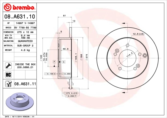 BREMBO 08.A631.11 - Тормозной диск PRIME LINE - UV Coated