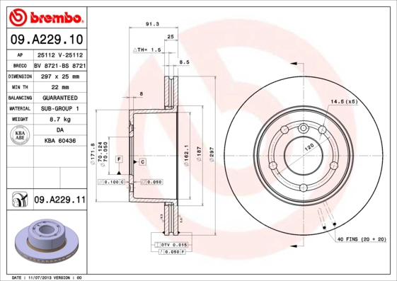 BREMBO 09.A229.11 - Тормозной диск PRIME LINE - UV Coated