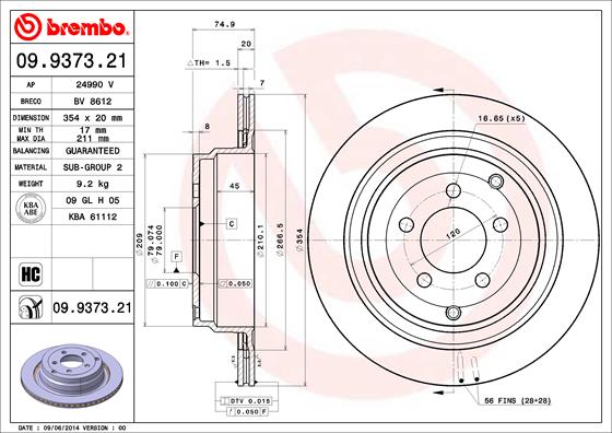 BREMBO 09.9373.21 - Тормозной диск PRIME LINE - UV Coated