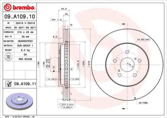 BREMBO 09.A109.11 - Тормозной диск PRIME LINE - UV Coated