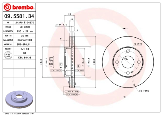 BREMBO 09.5581.34 - Тормозной диск PRIME LINE
