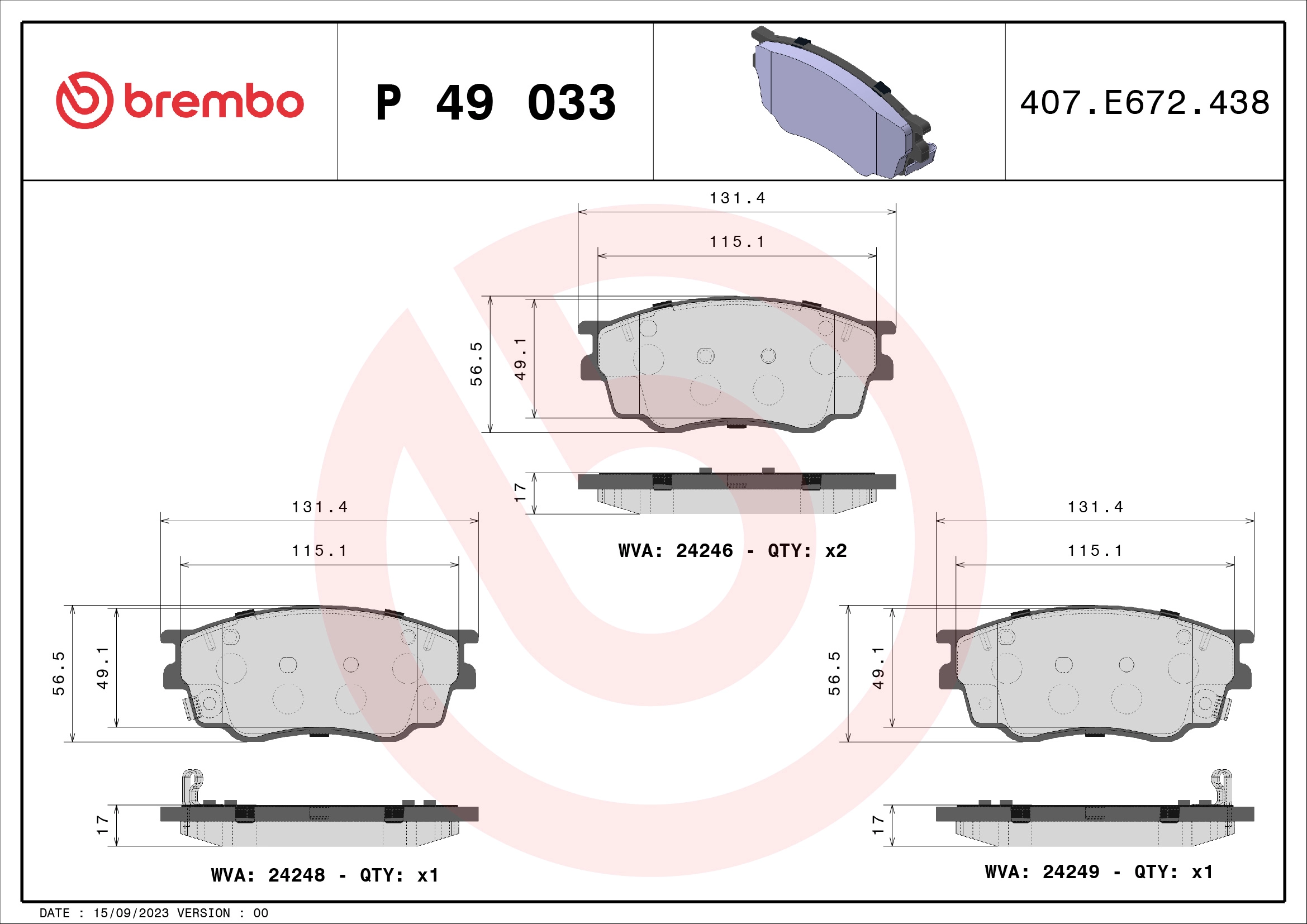 BREMBO P 49 033 - Комплект тормозных колодок, дисковый тормоз PRIME LINE