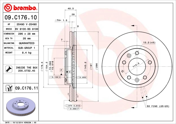 BREMBO 09.C176.11 - Тормозной диск PRIME LINE - UV Coated
