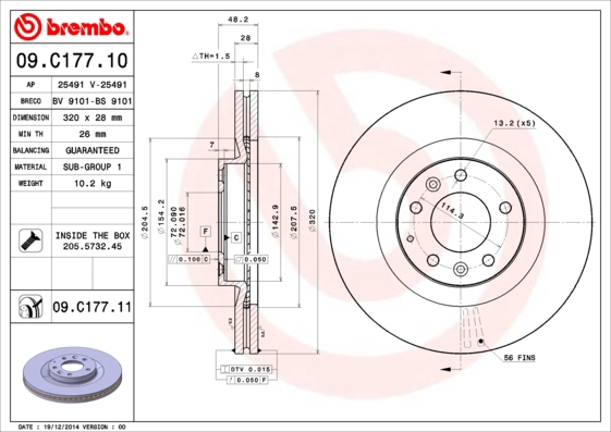 BREMBO 09.C177.11 - Тормозной диск PRIME LINE - UV Coated