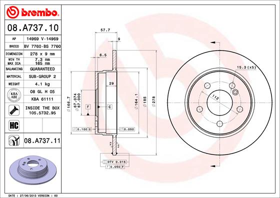 BREMBO 08.A737.11 - Тормозной диск PRIME LINE - UV Coated