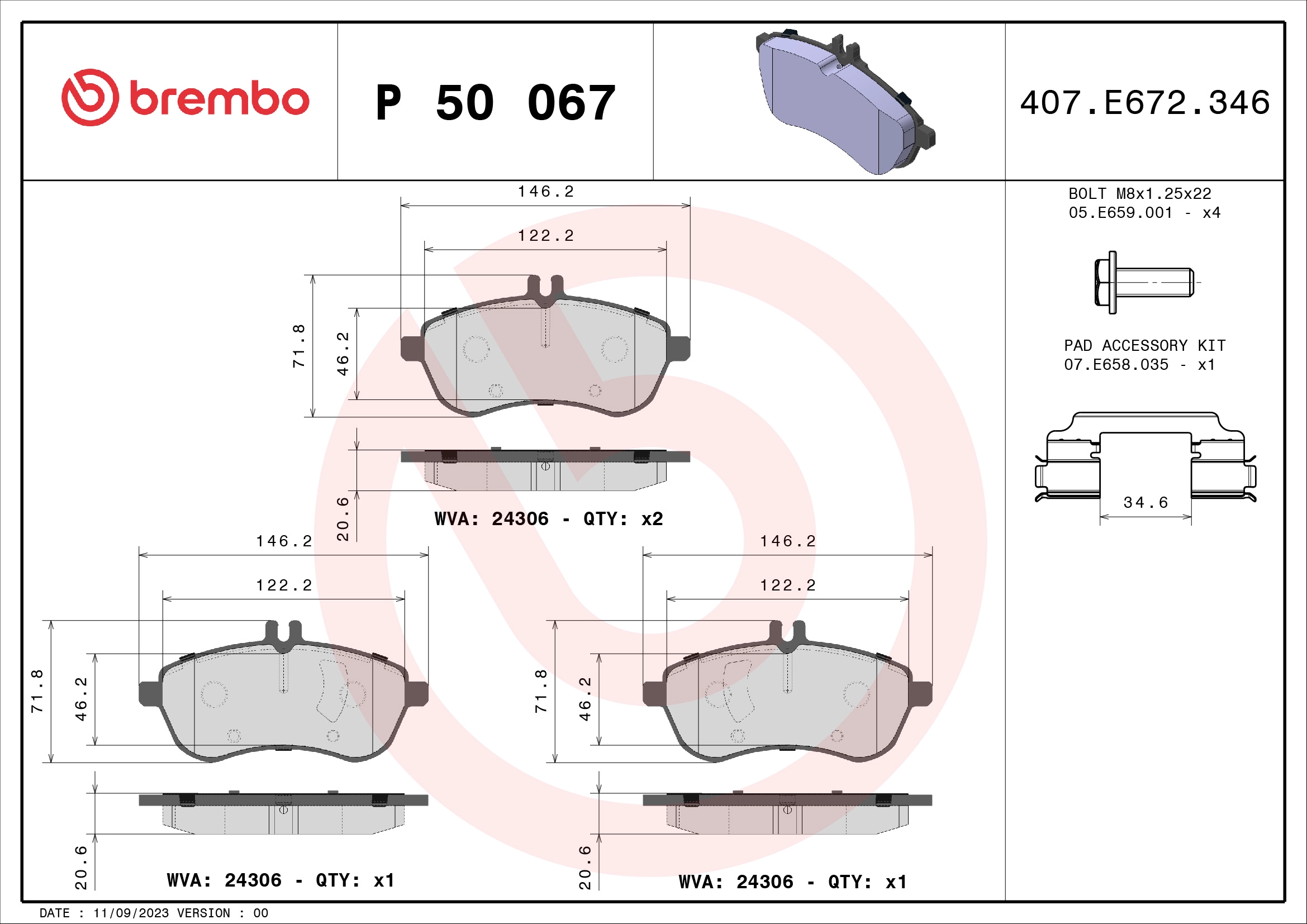 BREMBO P 50 067 - Комплект тормозных колодок, дисковый тормоз PRIME LINE