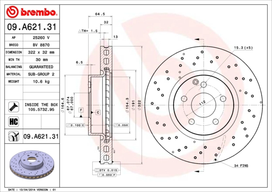 BREMBO 09.A621.31 - Тормозной диск PRIME LINE - UV Coated