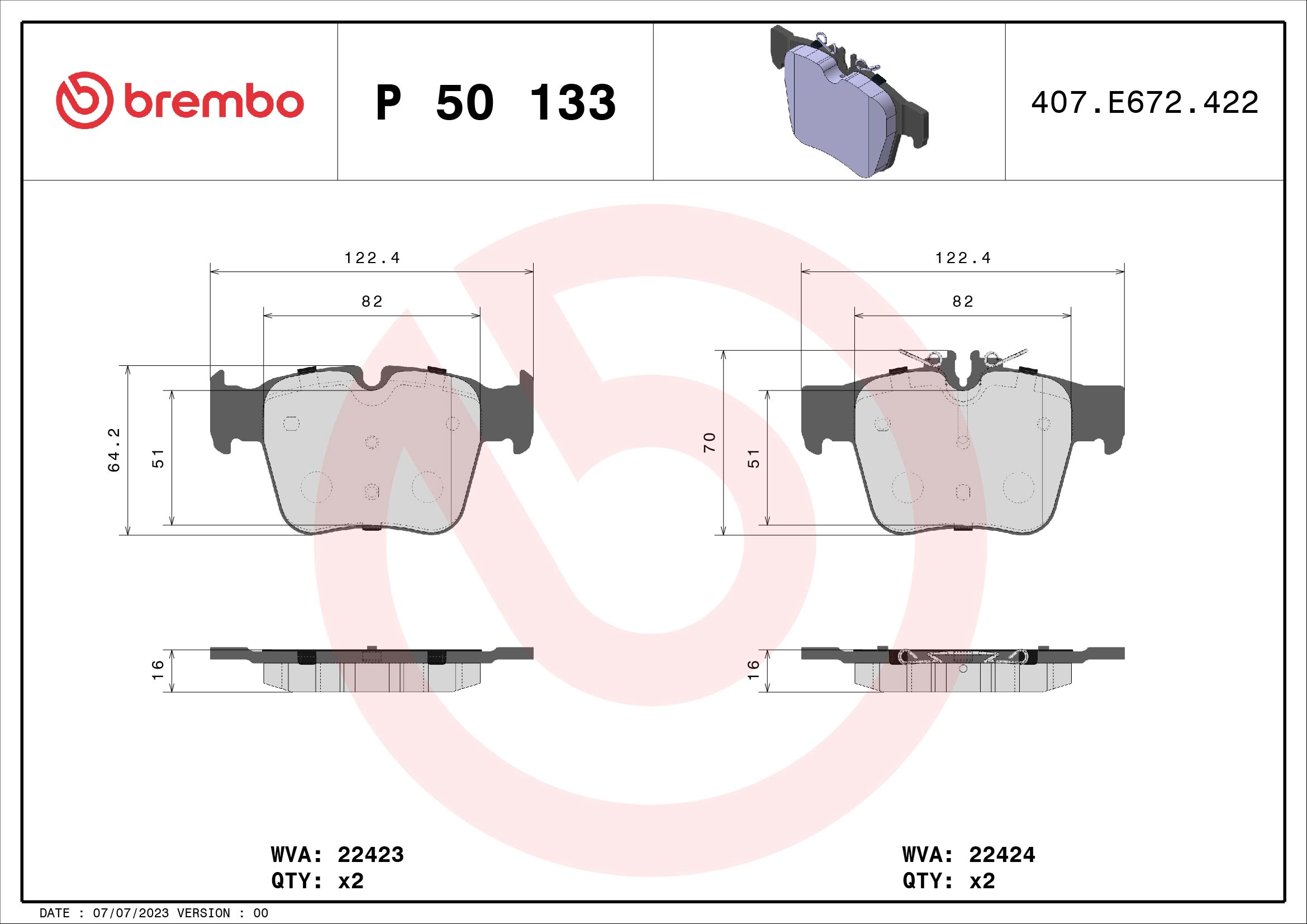 BREMBO P 50 133 - Комплект тормозных колодок, дисковый тормоз PRIME LINE