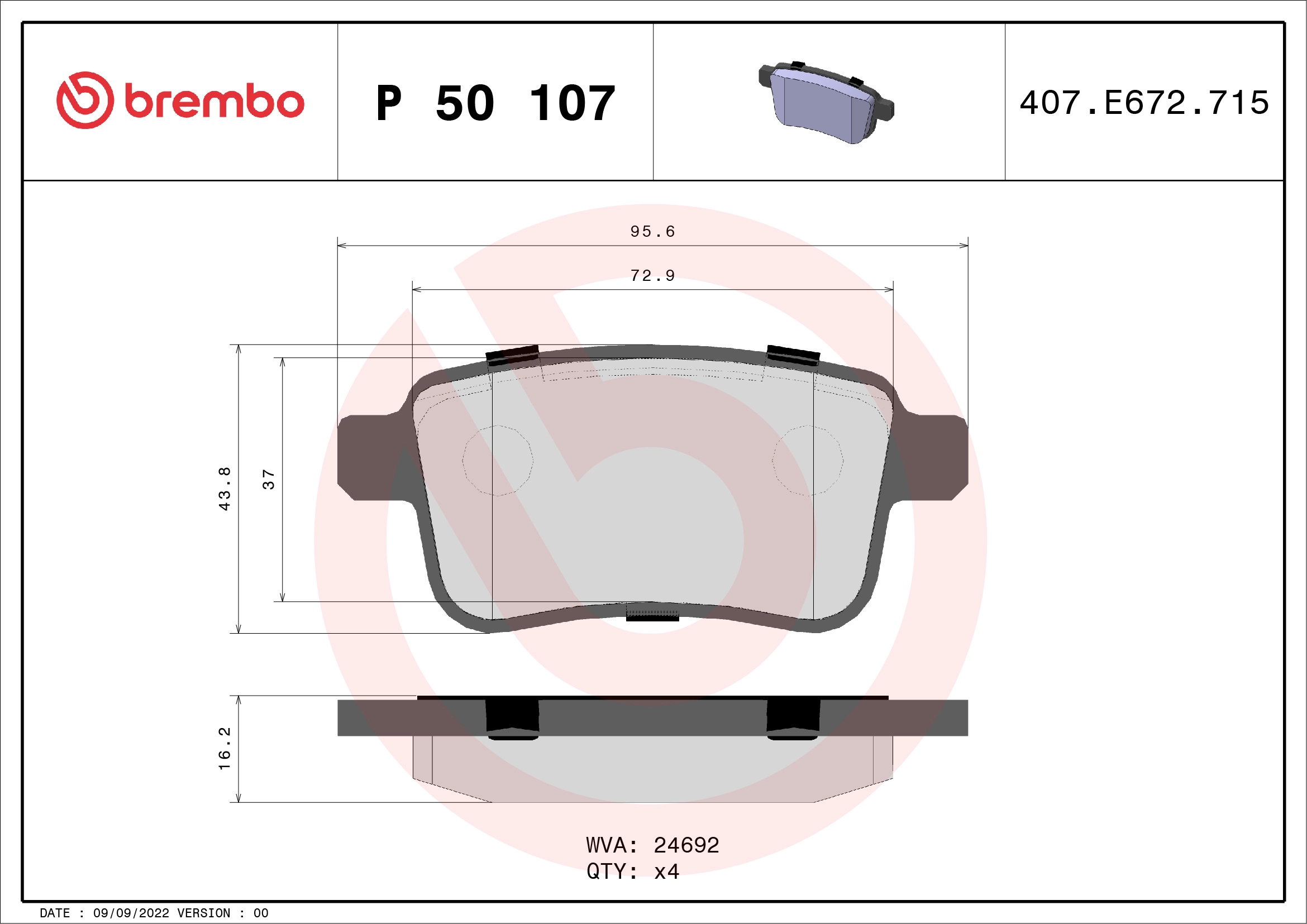 BREMBO P 50 107 - Комплект тормозных колодок, дисковый тормоз PRIME LINE