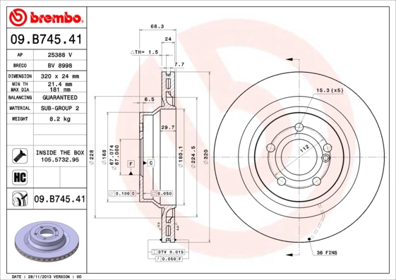 BREMBO 09.B745.41 - Тормозной диск PRIME LINE - UV Coated