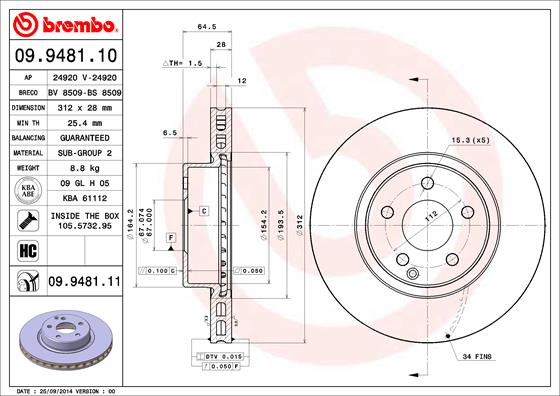 BREMBO 09.9481.11 - Тормозной диск PRIME LINE - UV Coated