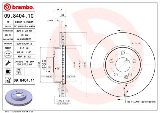 BREMBO 09.8404.11 - Тормозной диск PRIME LINE - UV Coated