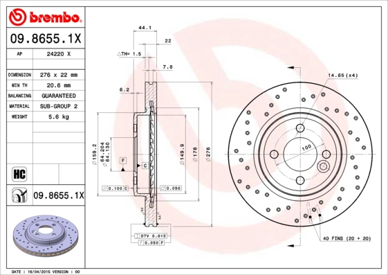 BREMBO 09.8655.1X - Тормозной диск XTRA LINE - Xtra