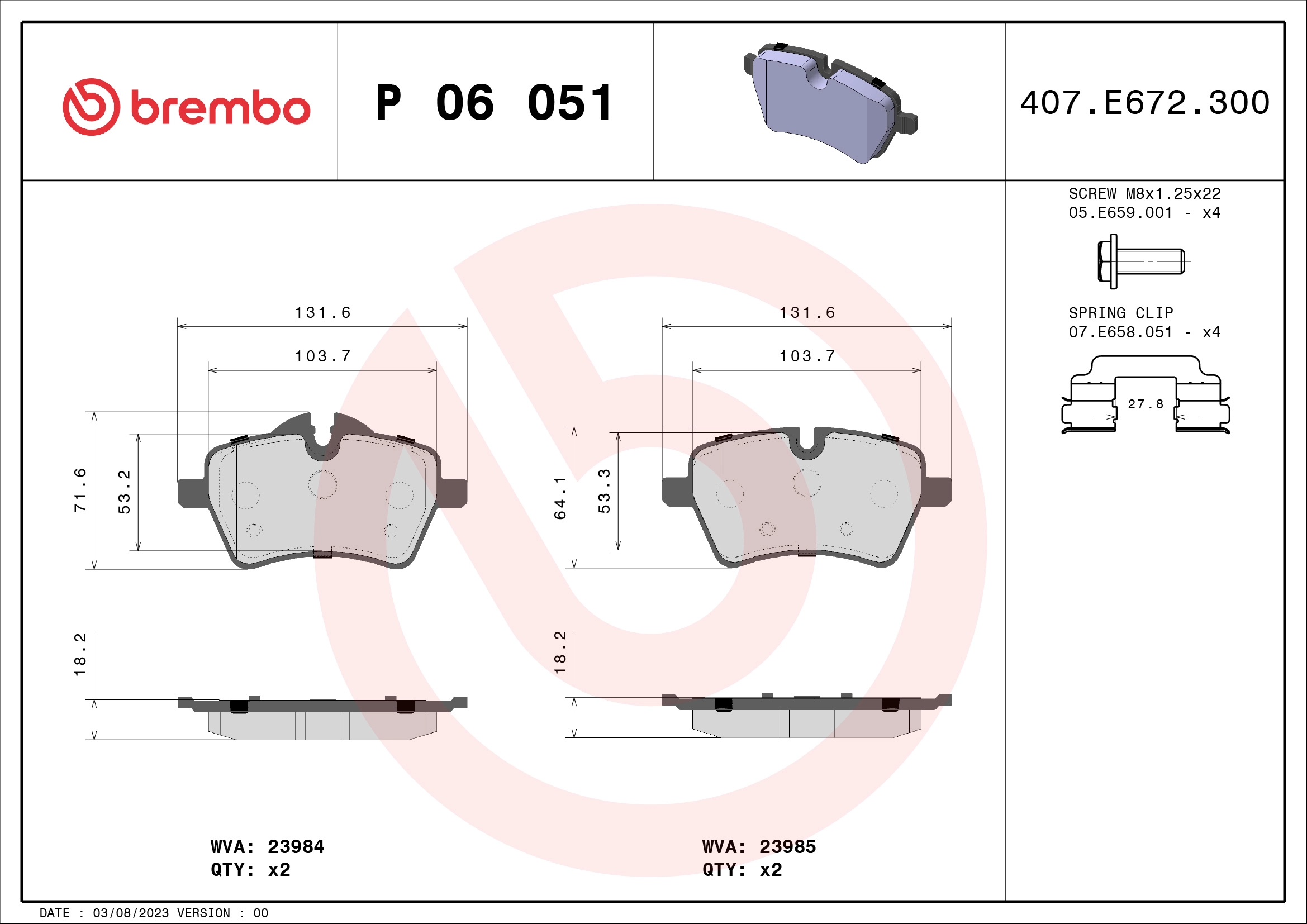 BREMBO P 06 051 - Комплект тормозных колодок, дисковый тормоз PRIME LINE