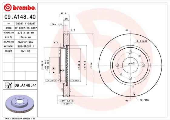 BREMBO 09.A148.41 - Тормозной диск PRIME LINE - UV Coated